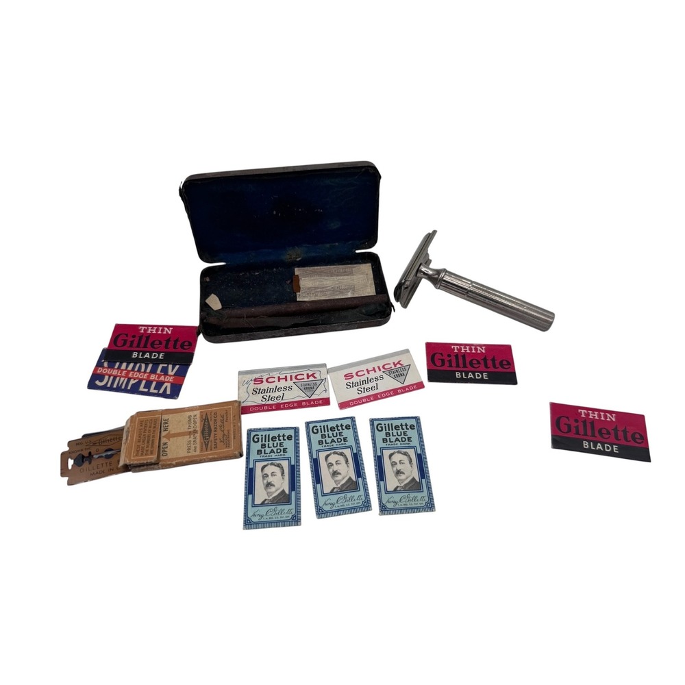 Vintage Gillette Safety Razor Kit Double Edge Razor Blades Travel Case Set - Picture 2 of 13